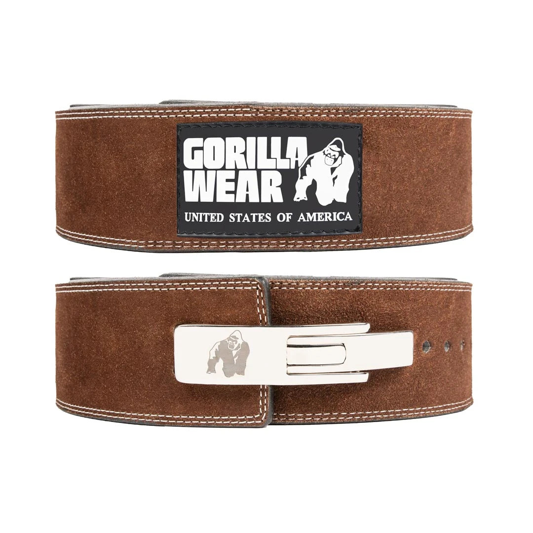 Gorilla Wear 4 Inch Powerlifting Lever Belt Brown i brunt läder med vita sömmar och silverfärgat hävarmsspänne., bild 1 av 1