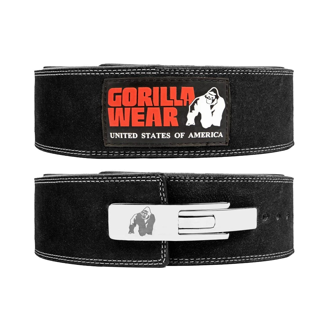 Gorilla Wear 4 Inch Powerlifting Lever Belt Black i kraftigt svart läder med logga och smidigt snabbspänne i silver., bild 3 av 4