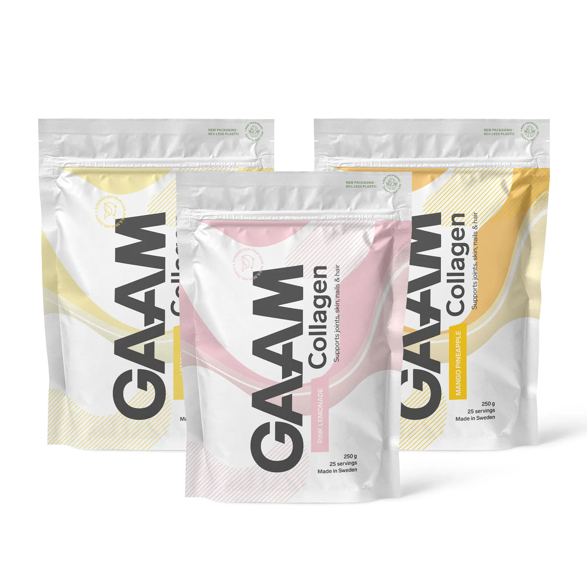 3 x GAAM Collagen 250 g kollagenpulver i tre vita påsar med rosa och gula detaljer för smakerna Pink Lemonade och Mango Pineapple.