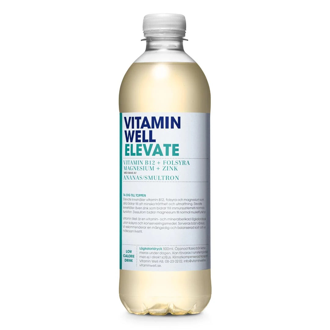 Vitamin Well 500 ml vitamindryck i en transparent flaska med vit och blå etikett för smaken Ananas Smultron., bild 1 av 9
