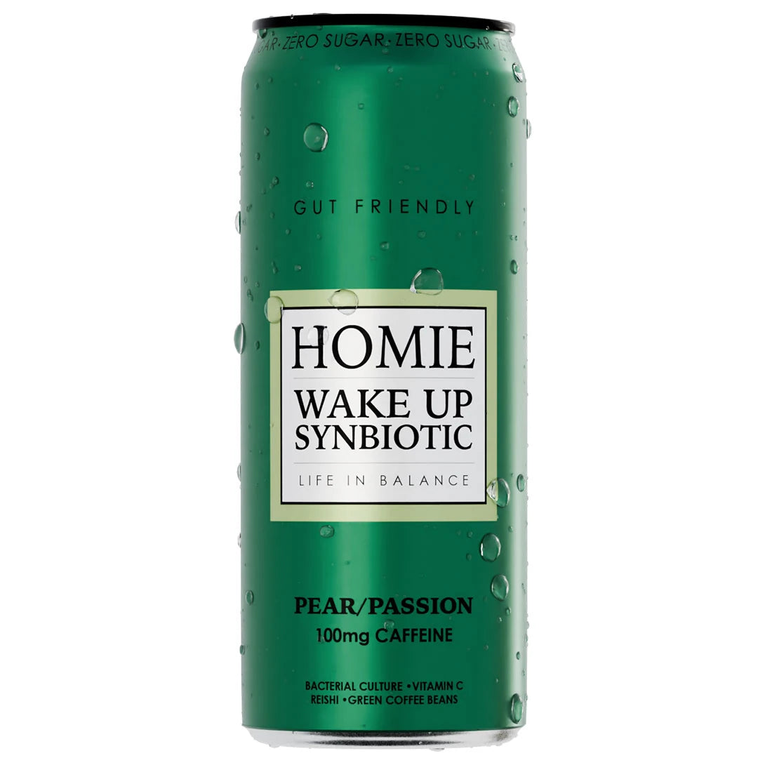 Homie Wake Up Synbiotic 330 ml energidryck i en grön burk för smaken Pear Passion., bild 1 av 10