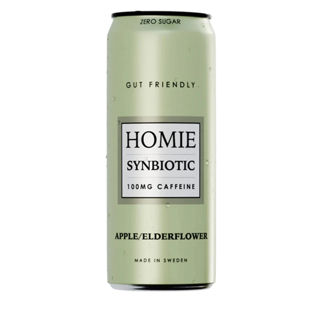 Homie Wake Up Synbiotic 330 ml i en ljusgrön burk för smaken Apple Elderflower., bild 6 av 10