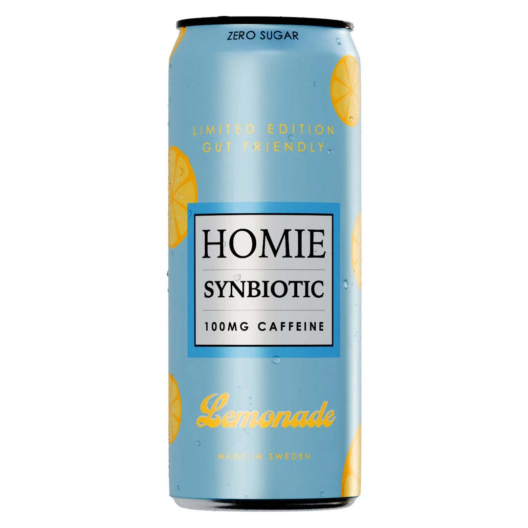 Homie Wake Up Synbiotic 330 ml i en ljusblå burk med motiv av gula citronskivor för smaken Lemonade., bild 2 av 10