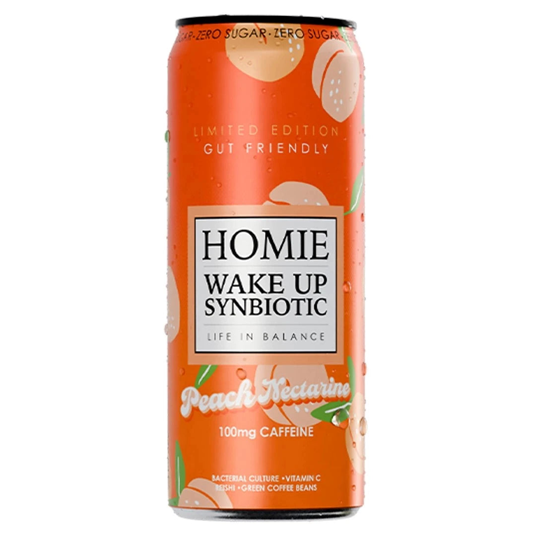 Homie Wake Up Synbiotic 330 ml i en orange burk med motiv av persikor för smaken Peach Nectarine., bild 3 av 10