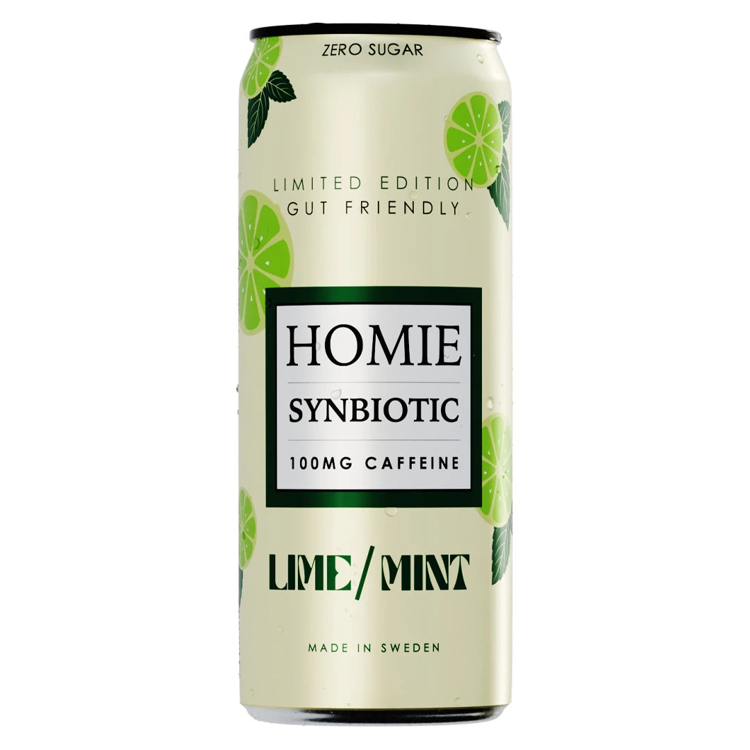 Homie Wake Up Synbiotic 330 ml i en ljusgrön burk med motiv av lime och myntablad för smaken Lime Mint., bild 4 av 10