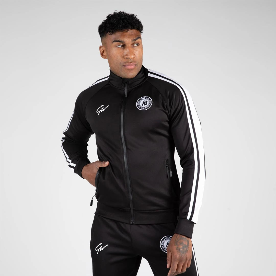 Gorilla Wear Stratford Track Jacket Black, svart träningsjacka med dragkedja, hög krage och vita stripes på ärmarna., bild 5 av 6