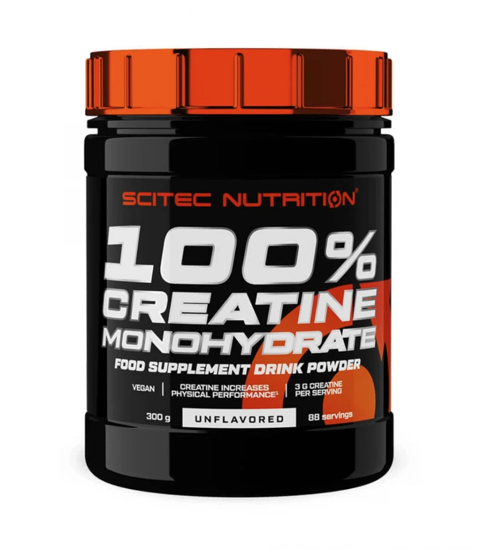 Scitec Nutrition 100% Creatine 300 g i en svart burk med ett metallic orange lock och vit text., bild 1 av 1