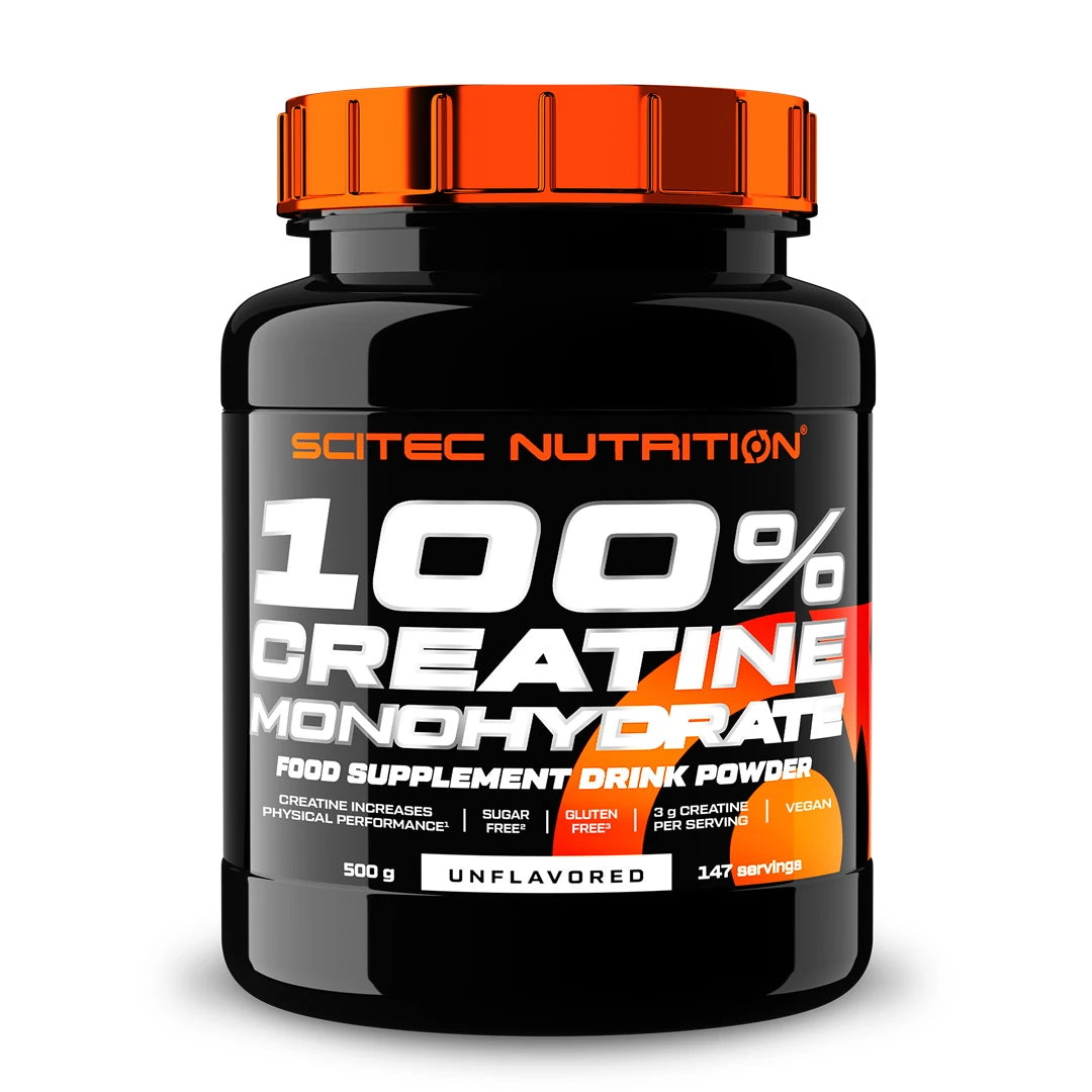 Scitec Nutrition 100% Creatine 500 g, ett naturellt kreatinpulver i en svart burk med orange lock., bild 1 av 1