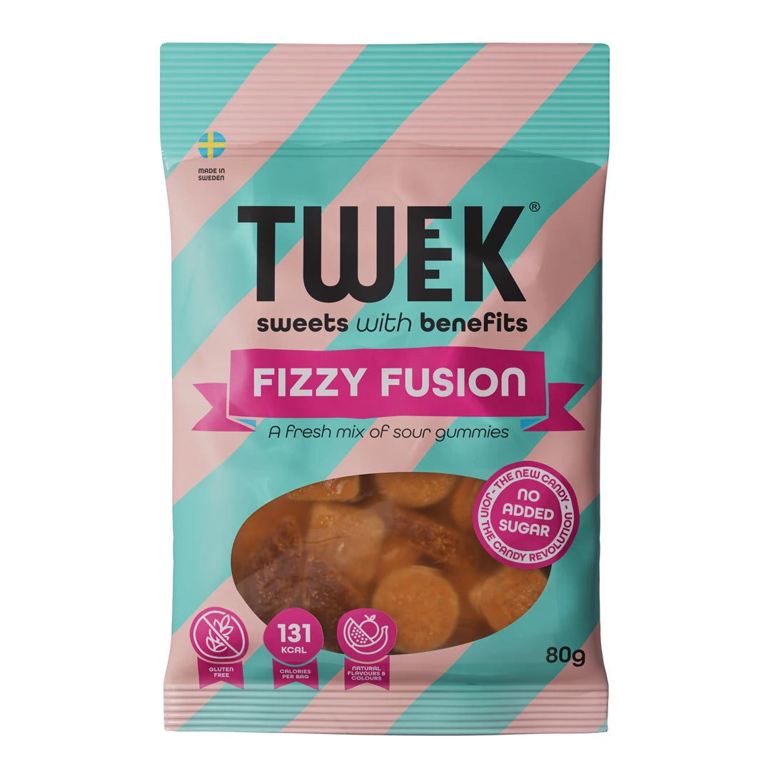 Tweek Sweets 80 g godis i en ljusblå och rosa randig påse för smaken Fizzy Fusion., bild 2 av 7