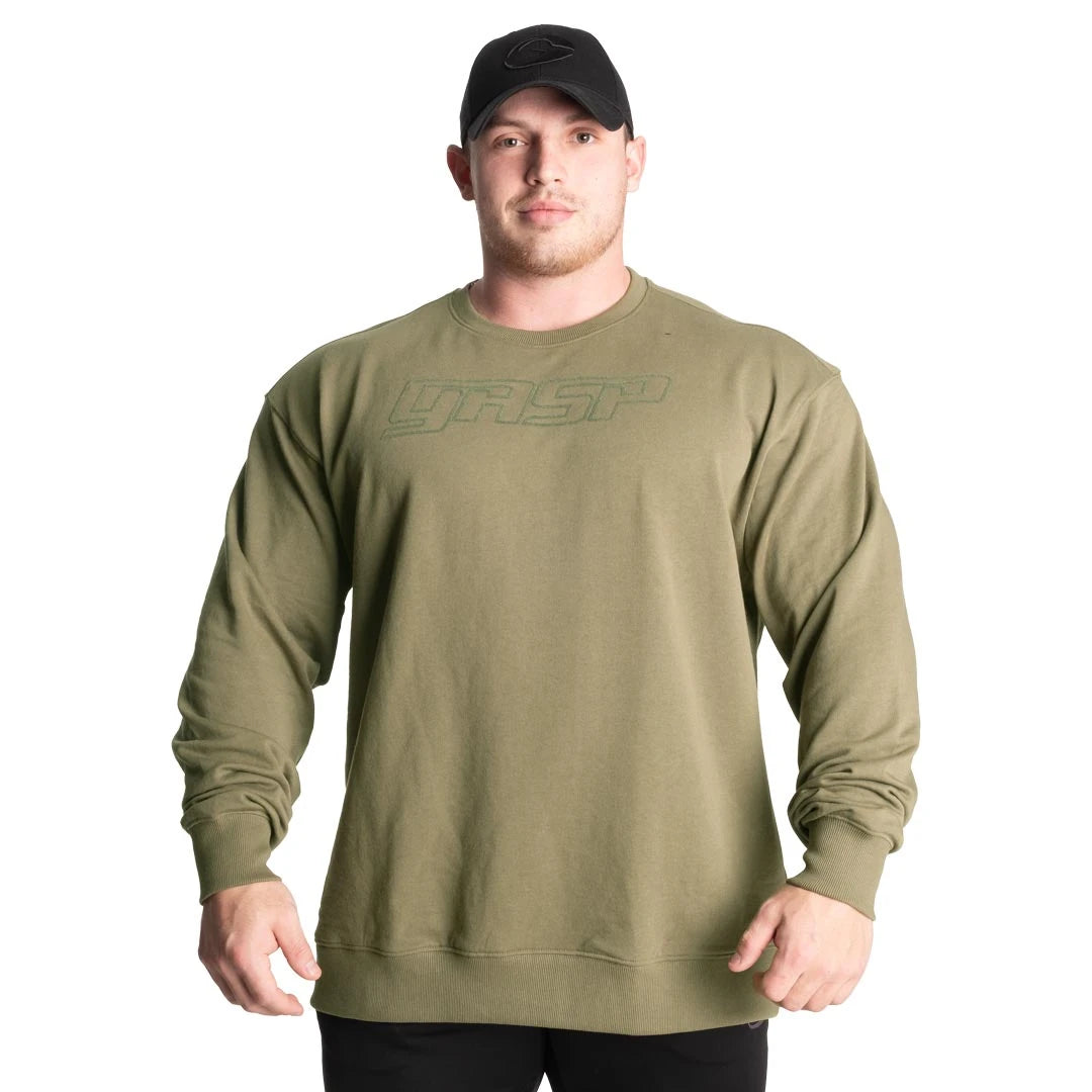 GASP Division Crewneck Washed Green, en rymlig träningströja i grön jersey med upphöjd logotyp på bröstet., bild 1 av 2