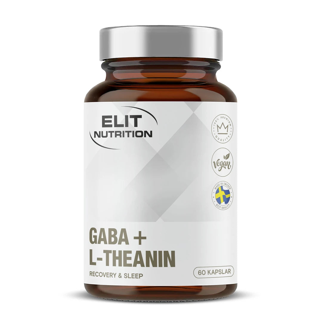 Elit Nutrition GABA + L-Theanine 60 caps kosttillskott i en mörkbrun burk med vit etikett och silvrigt lock., bild 1 av 1