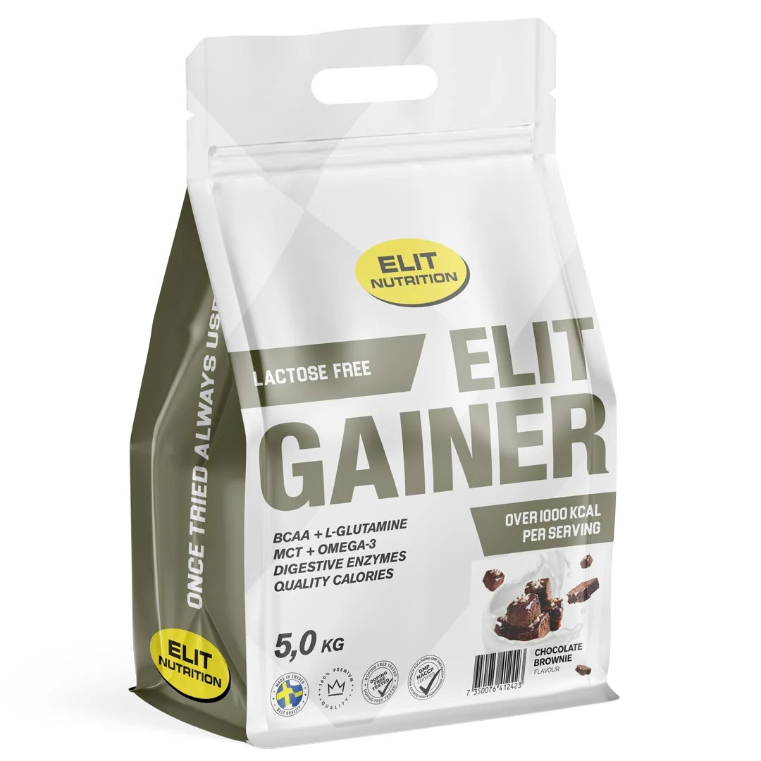 Elit Nutrition Gainer - Lactose Free 5 kg i en vit och grå påse med smaken Chocolate Brownie., bild 1 av 4
