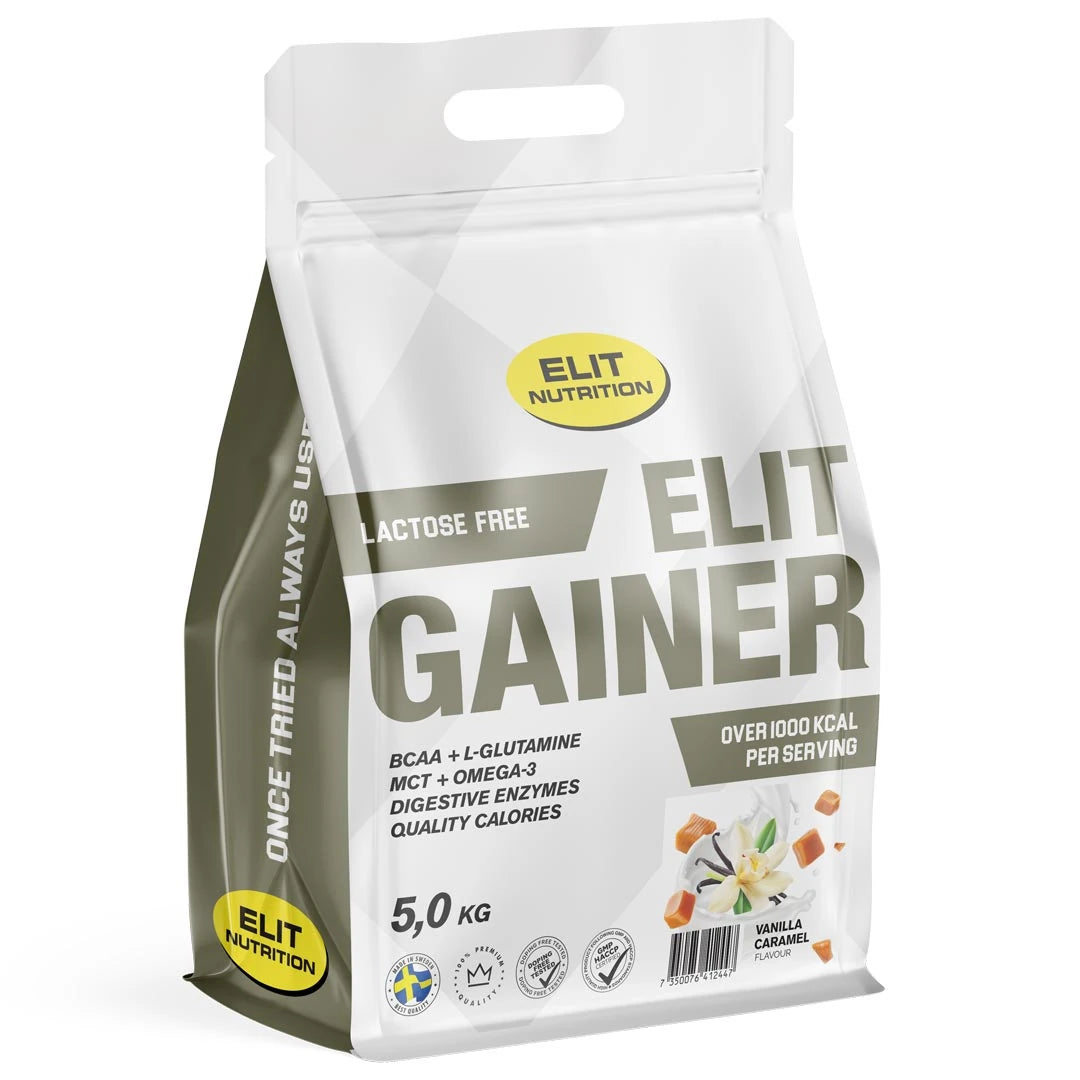 Elit Nutrition Gainer - Lactose Free 5 kg i en vit och grå påse för smaken Vanilla Caramel., bild 2 av 4