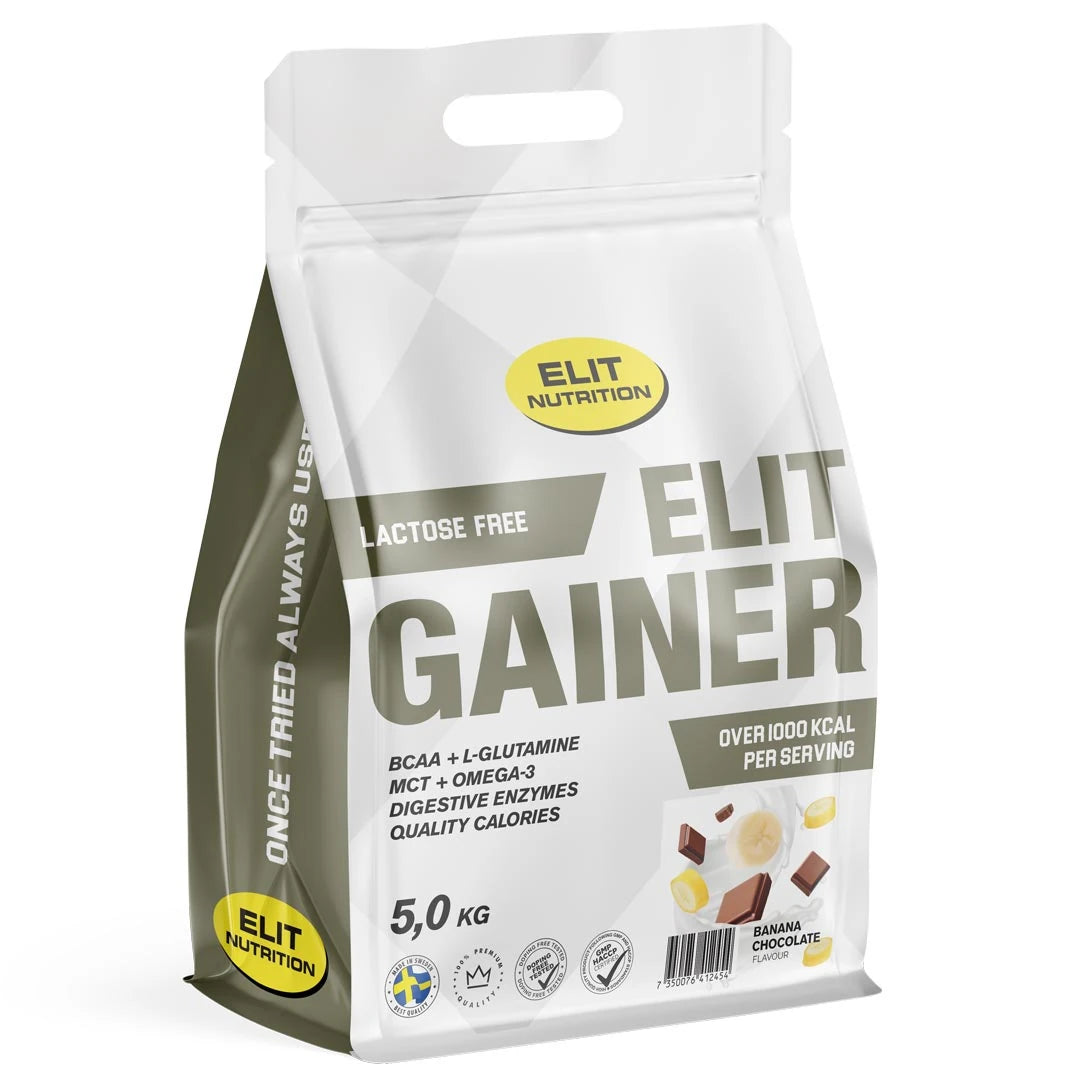 Elit Nutrition Gainer - Lactose Free 5 kg i en vit och grå påse för smaken Banana Chocolate., bild 3 av 4