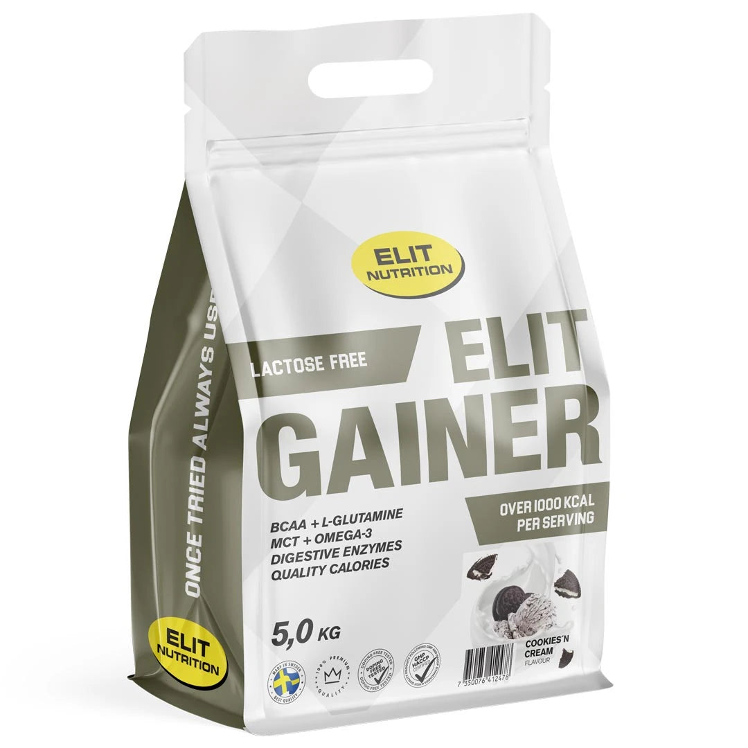 Elit Nutrition Gainer - Lactose Free 5 kg i en vit och grå påse för smaken Cookies &amp; Cream., bild 4 av 4