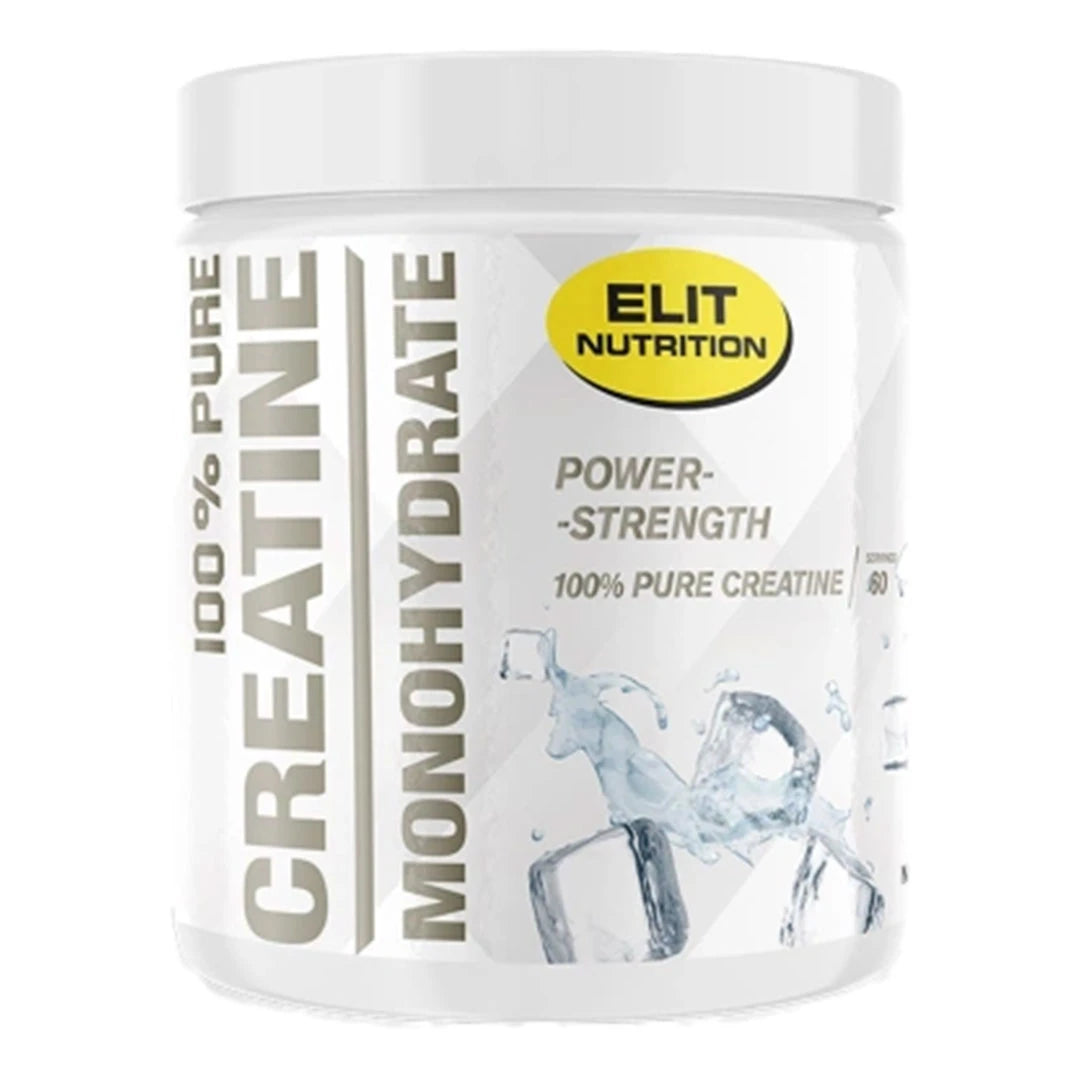Elit Nutrition 100% Pure Creatine Monohydrate 300 g i en vit burk med grå text och isbitar på etiketten., bild 1 av 6