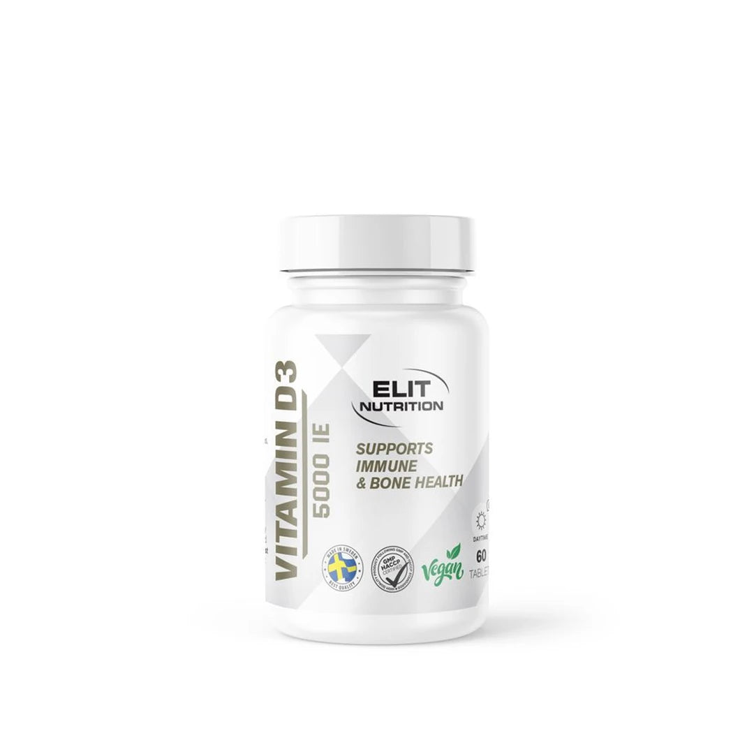 Elit Nutrition Vitamin D 60 tabs i en vit plastburk med stilren etikett och text för immun- och benhälsa., bild 1 av 1