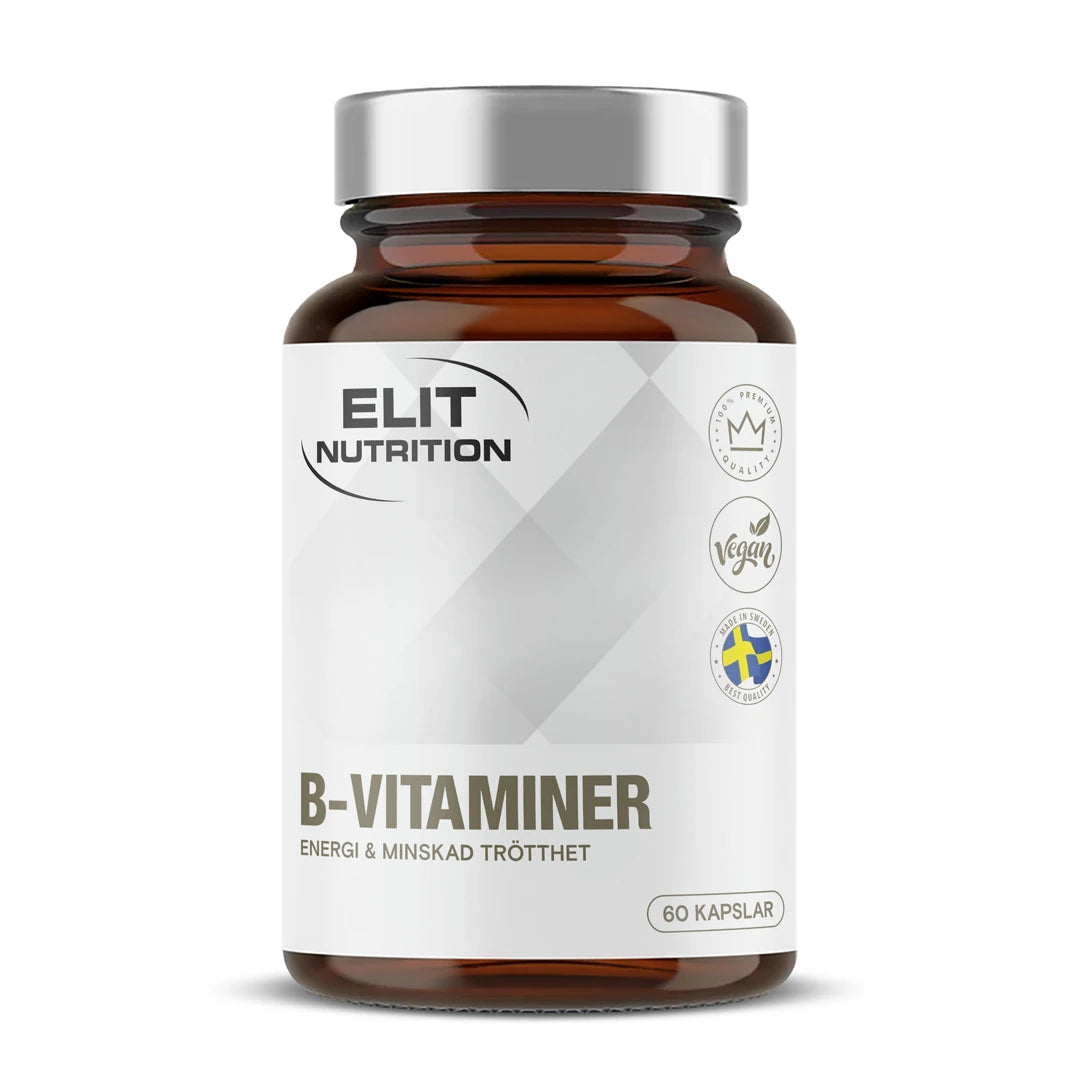 Elit Nutrition B-Complex 60 caps i en brun plastburk med silverlock och vit etikett., bild 1 av 1
