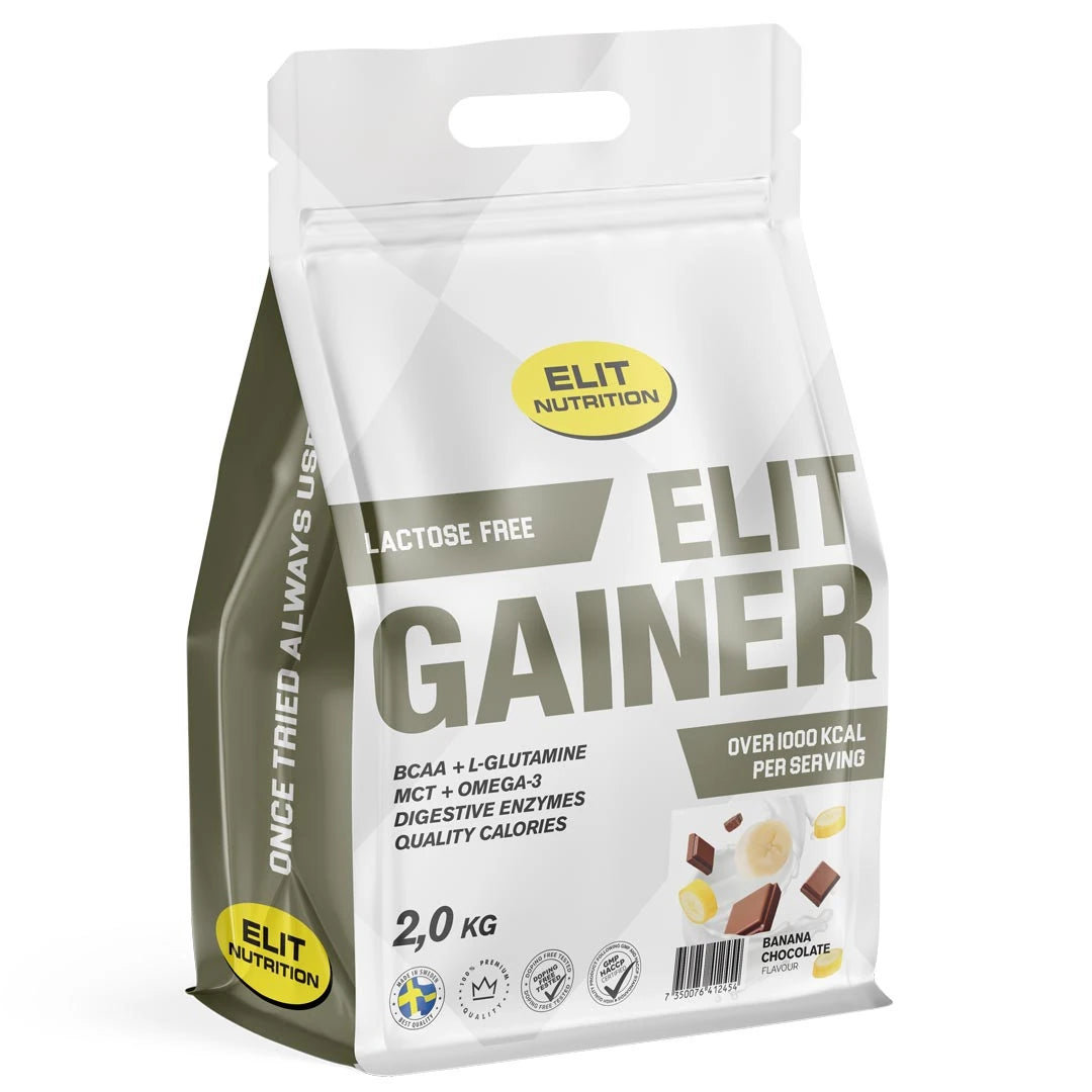 Elit Nutrition Gainer Lactose Free 2 kg laktosfritt gainerpulver, förpackad i en vit påse med grå och gula detaljer samt smak av Banana Chocolate., bild 1 av 1