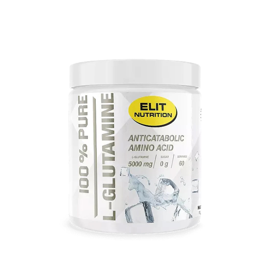 Elit Nutrition 100% Pure L-glutamine 300 g aminosyror i en vit burk med grå och gula detaljer för smaken Naturell., bild 2 av 2