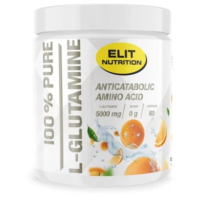 Elit Nutrition 100% Pure L-glutamine 300 g aminosyror i en vit burk med motiv av apelsiner för smaken Apelsin., bild 1 av 2