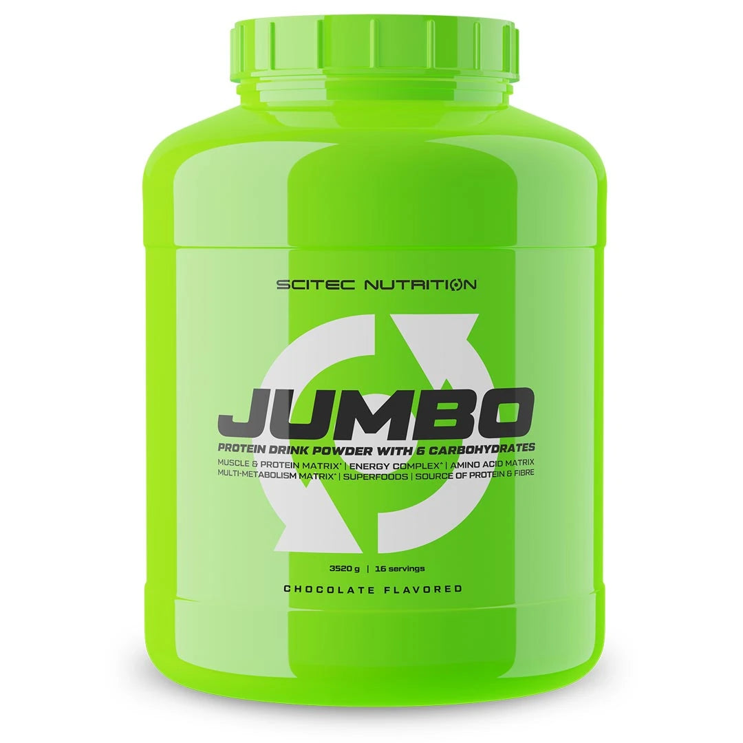 Scitec Nutrition Jumbo 3.52 kg gainer i en stor neongrön burk, chokladsmak., bild 1 av 1