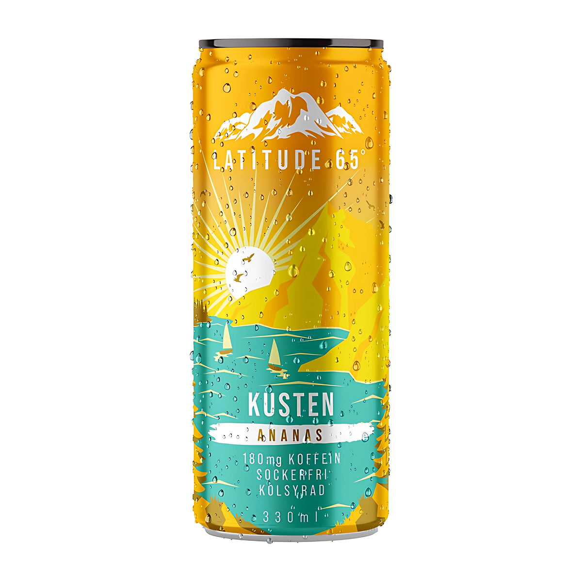 Latitude 65 330 ml energidryck i en gul och turkos burk med vattendroppar för smaken Kusten Ananas., bild 3 av 21