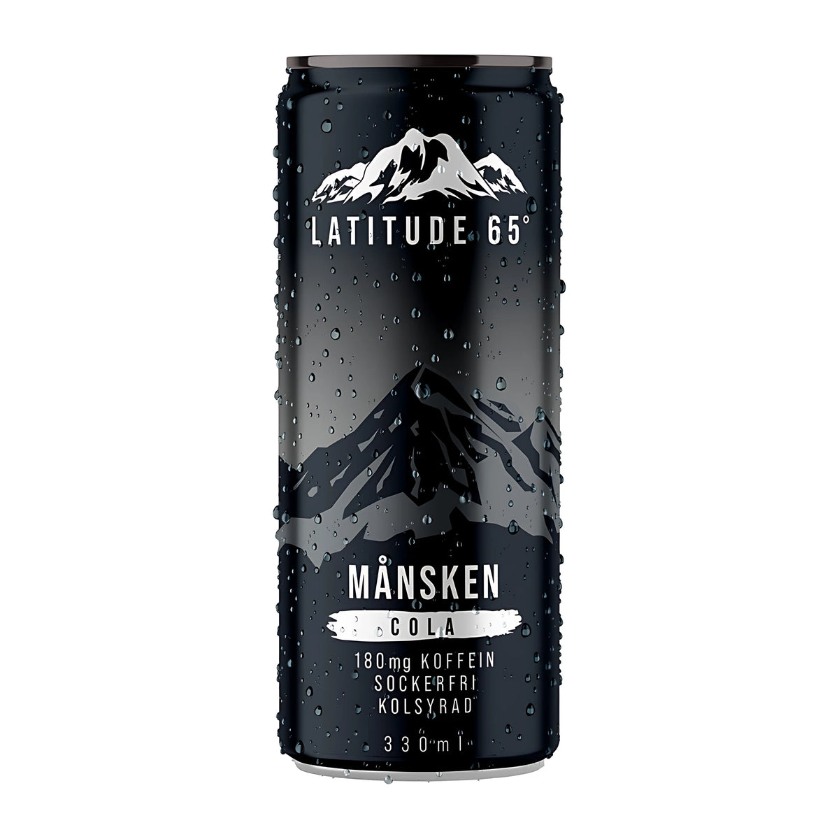 Latitude 65 330 ml i en svart burk med vattendroppar och bergsmotiv för smaken Månsken Cola., bild 4 av 21