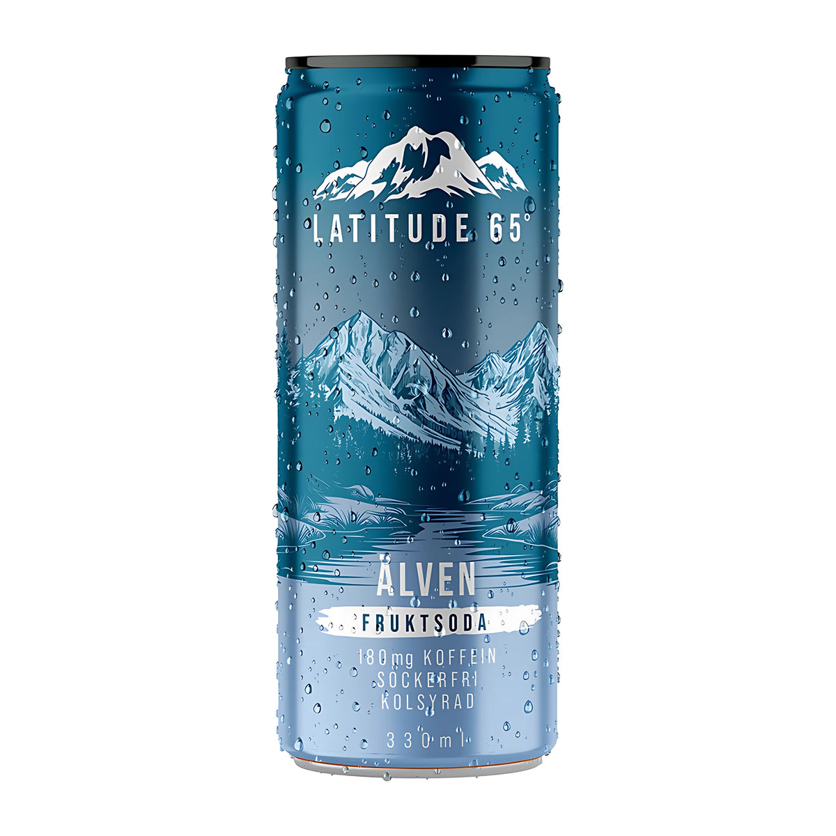 Latitude 65 330 ml kolsyrad dryck i en blå burk med vattendroppar för smaken Älven Fruktsoda., bild 6 av 21