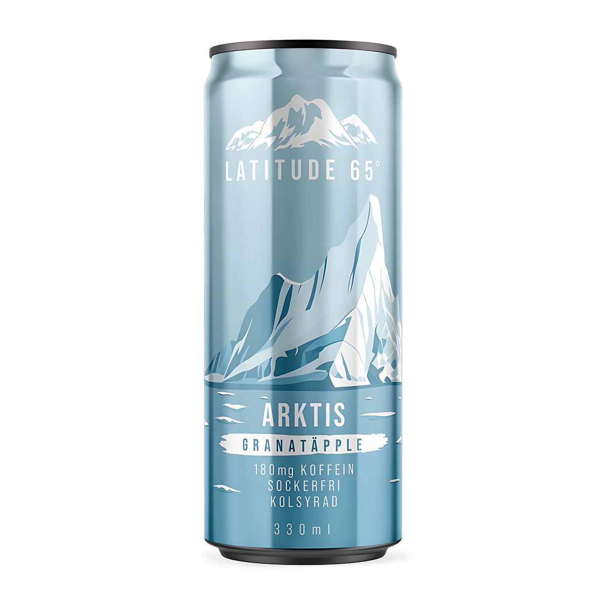 Latitude 65 330 ml energidryck i en ljusblå burk med isbergsmotiv för smaken Arktis Granatäpple., bild 7 av 21
