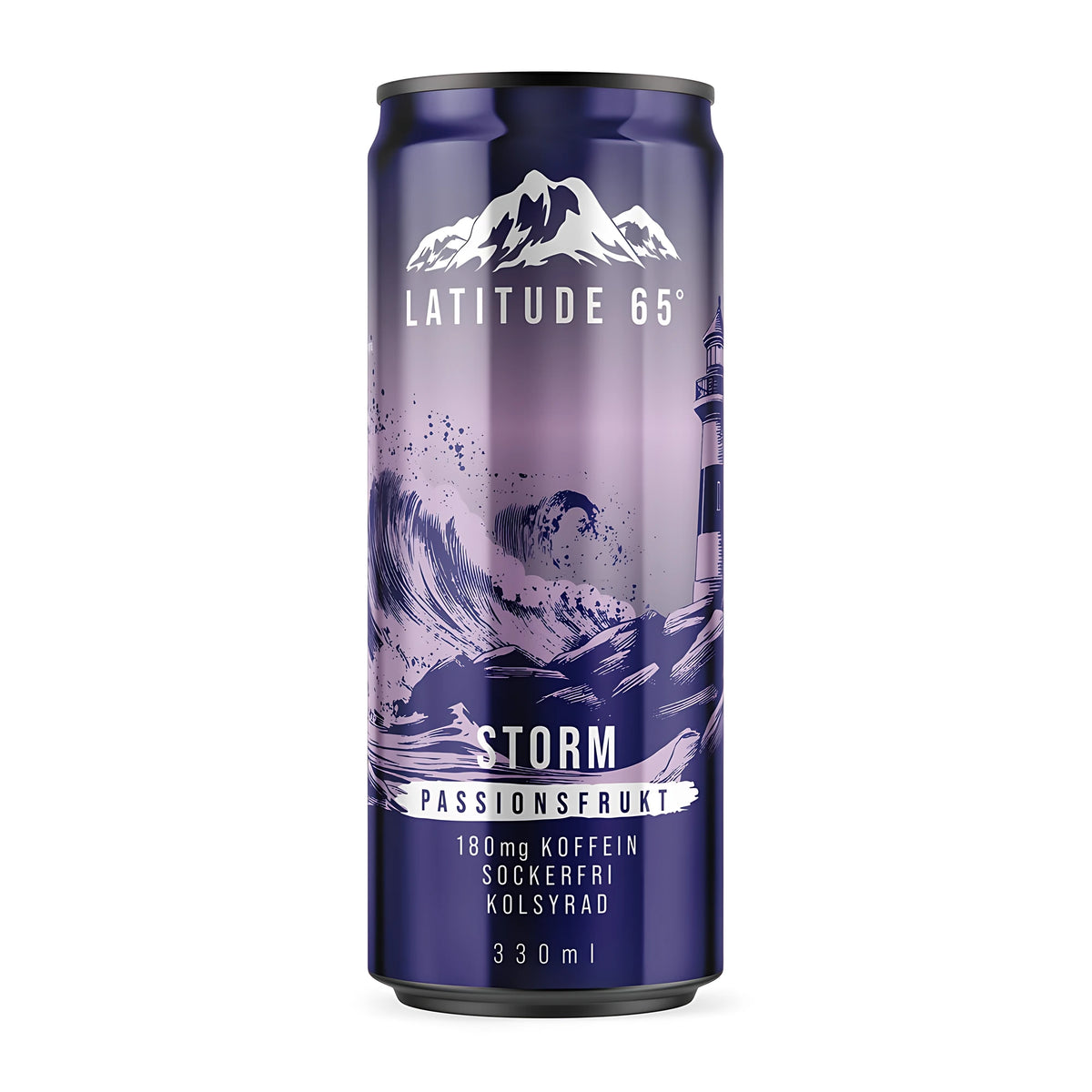 Latitude 65 330 ml energidryck i en lila burk med havsmotiv för smaken Storm Passionsfrukt., bild 8 av 21
