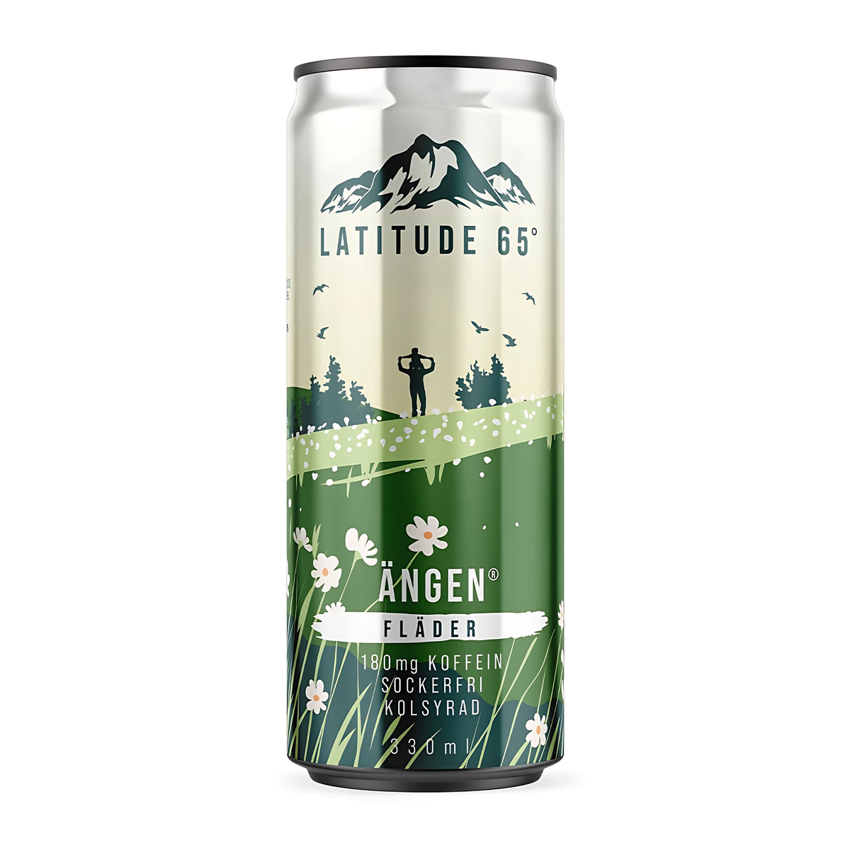 Latitude 65 330 ml energidryck i en grön och vit burk med blommotiv för smaken Ängen Fläder., bild 9 av 21