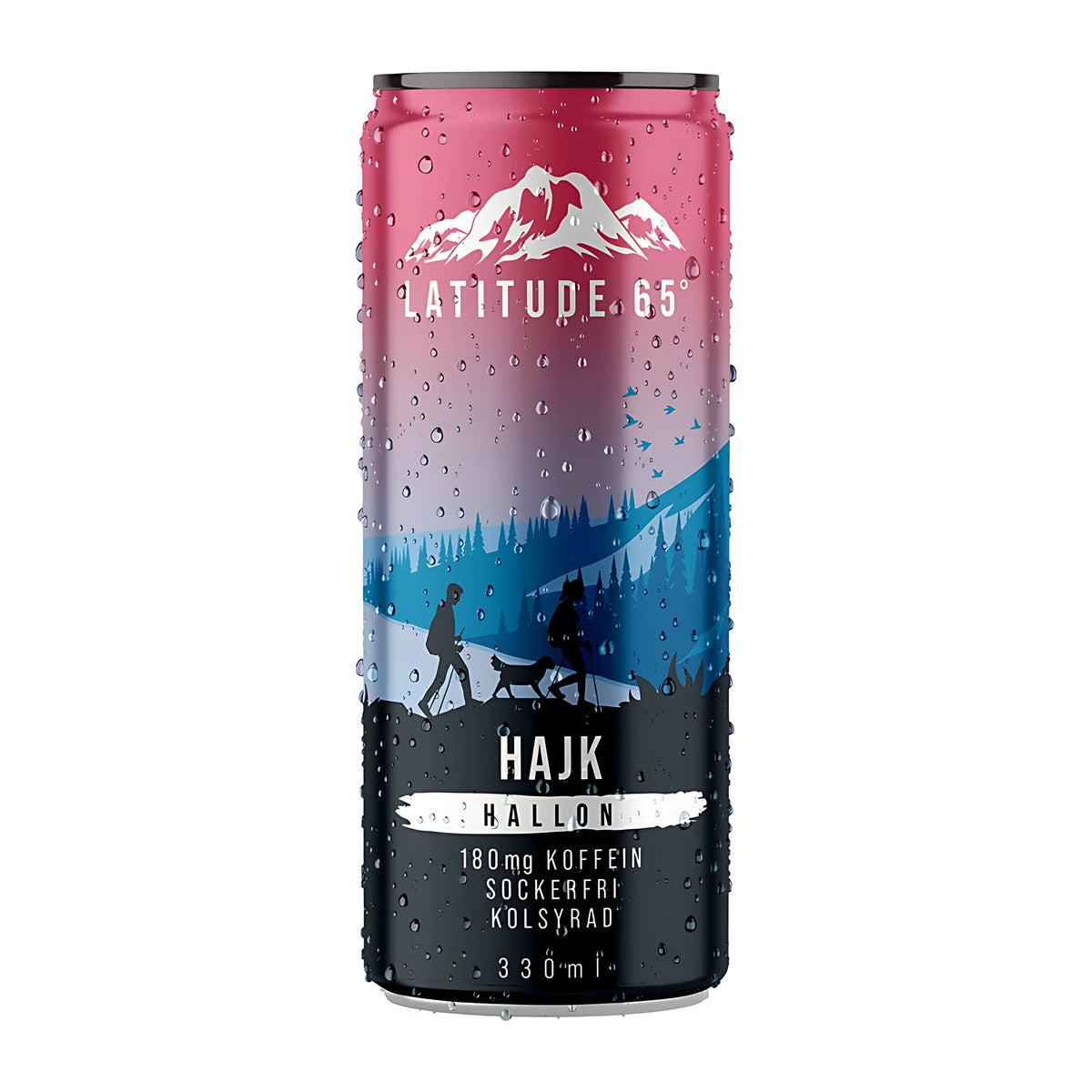 Latitude 65 330 ml kolsyrad energidryck i en rosa och svart burk med vattendroppar för smaken Hajk Hallon., bild 13 av 21