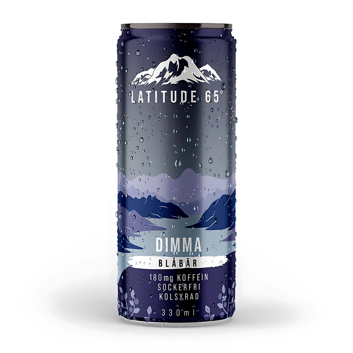 Latitude 65 330 ml energidryck i en mörkblå burk med vattendroppar för smaken Dimma Blåbär., bild 14 av 21