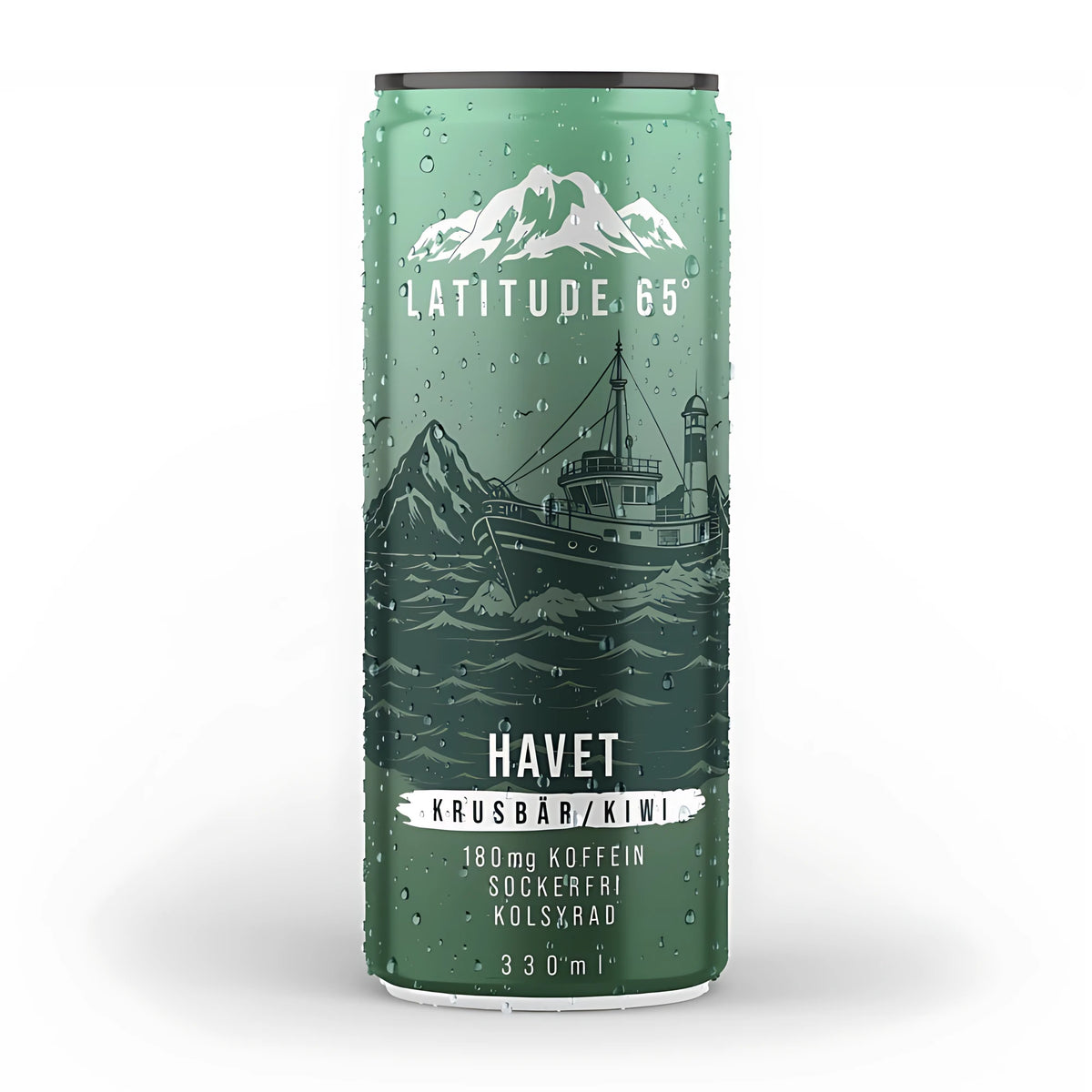 Latitude 65 330 ml sockerfri och kolsyrad dryck i en grön burk med vattendroppar för smaken Havet Krusbär Kiwi., bild 17 av 21