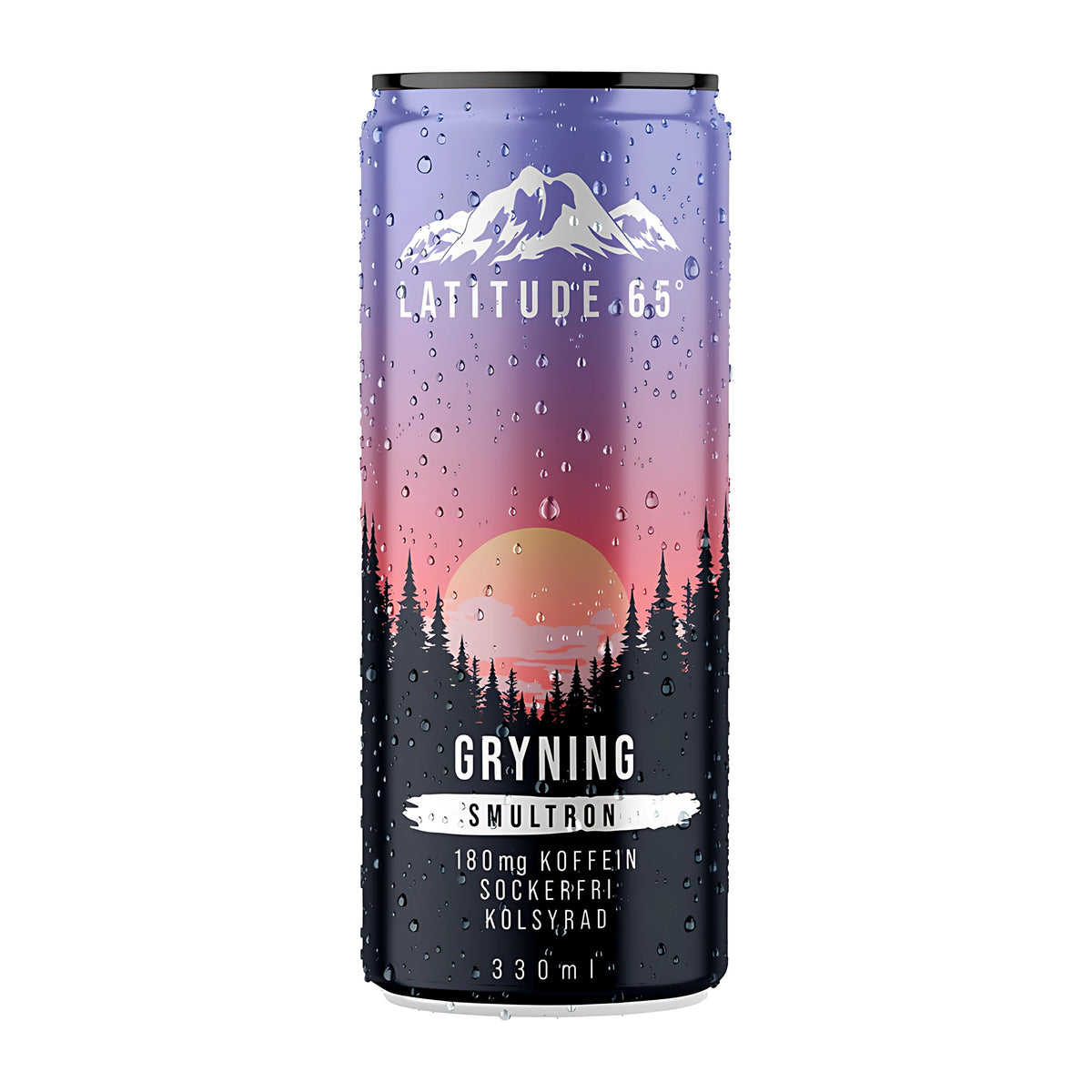 Latitude 65 330 ml kolsyrad dryck i en lila och svart burk med vattendroppar för smaken Gryning Smultron., bild 18 av 21
