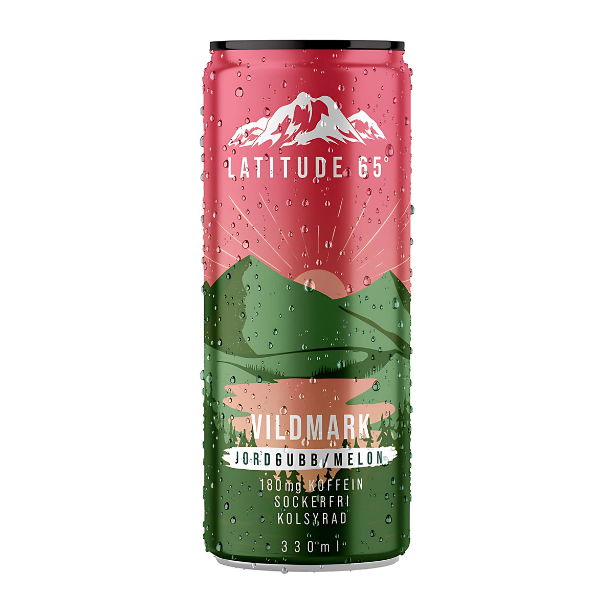 Latitude 65 330 ml energidryck i en rosa och grön burk för smaken Vildmark Jordgubb och Melon., bild 19 av 21