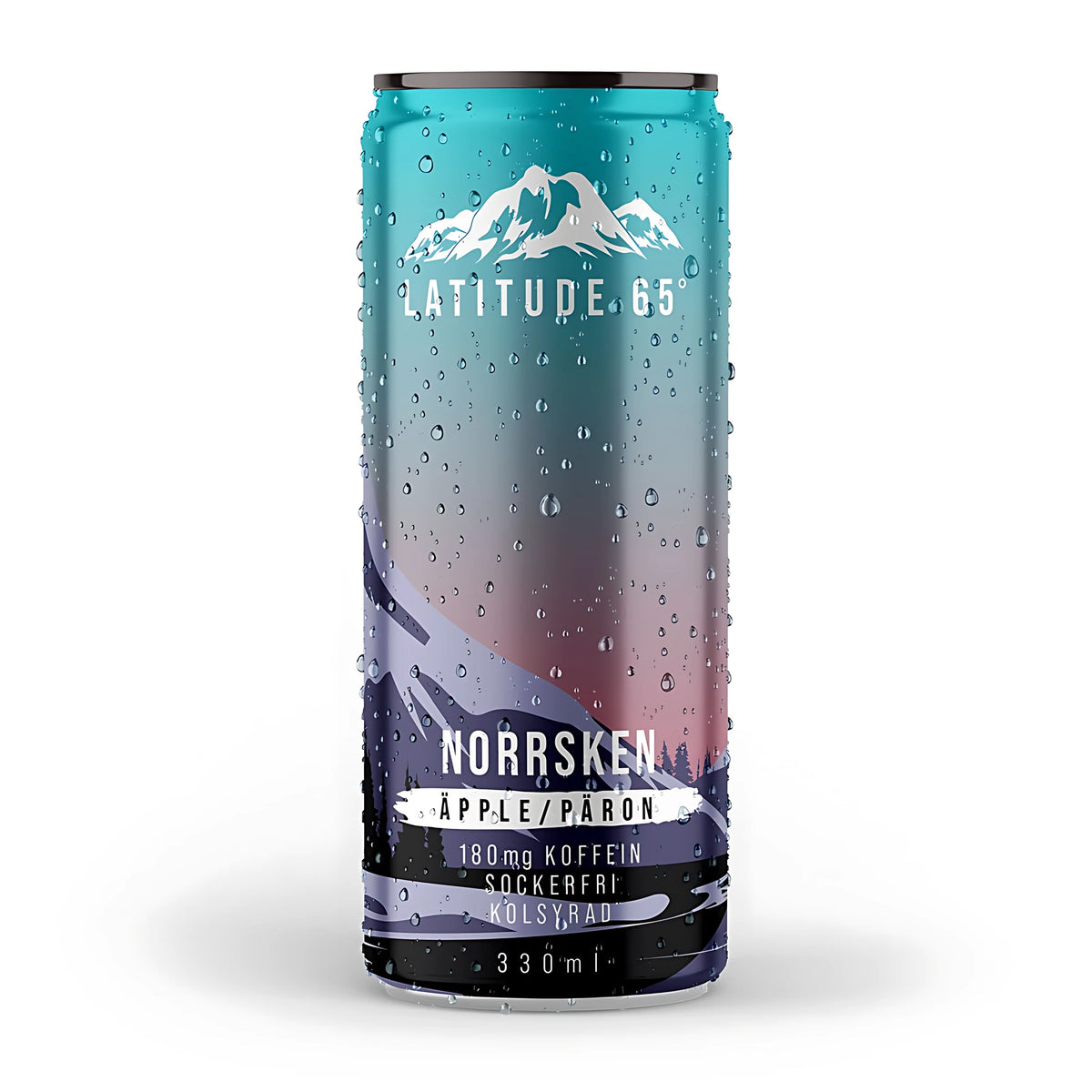 Latitude 65 330 ml kolsyrad dryck i en daggig burk med turkost och lila bergsmotiv för smaken Norrsken Äpple Päron., bild 15 av 21