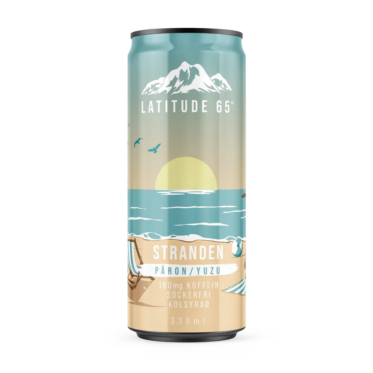 Latitude 65 330 ml energidryck i en ljusblå och sandfärgad burk med strandmotiv för smaken Päron Yuzu., bild 10 av 21