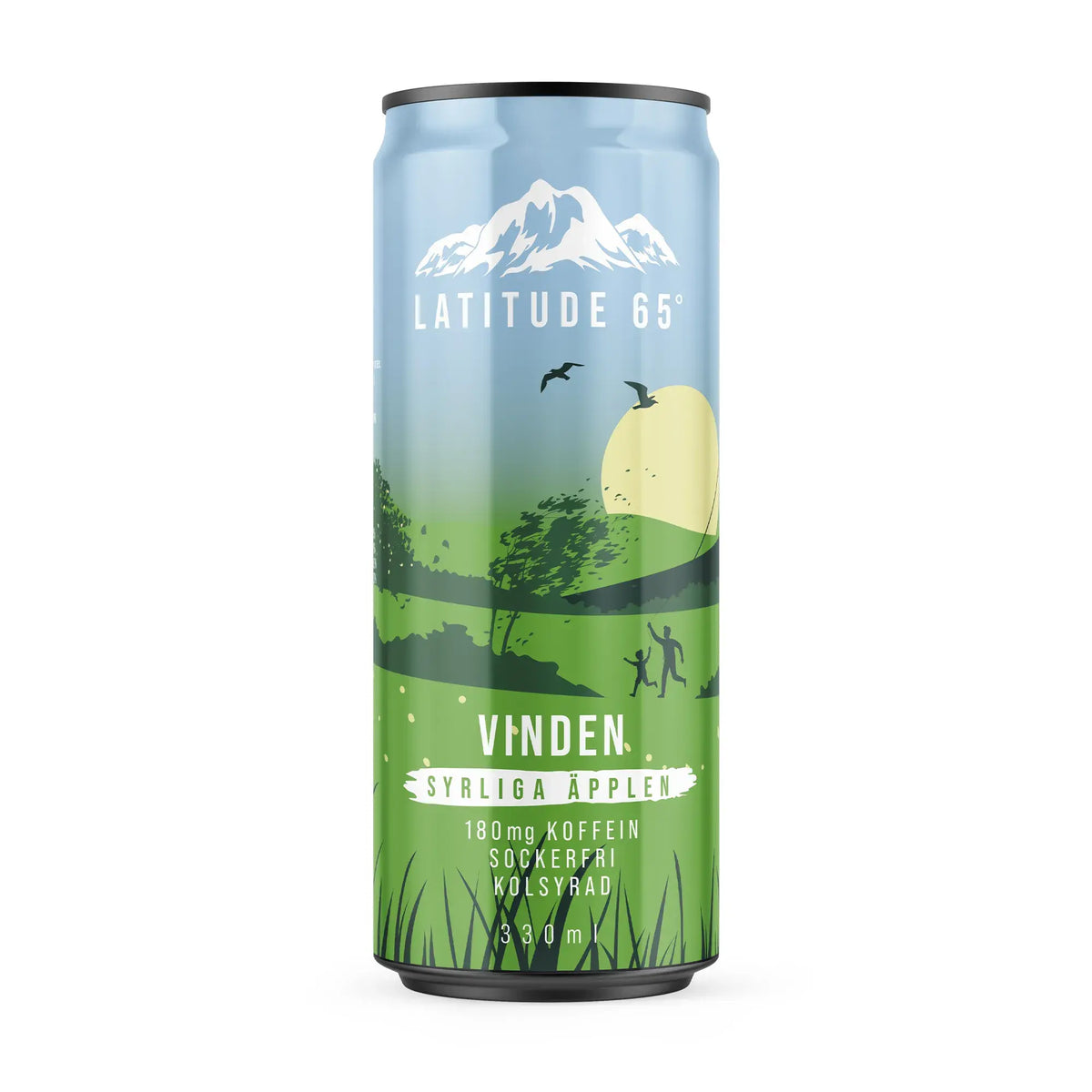 Latitude 65 330 ml kolsyrad energidryck i en ljusblå och grön burk med naturmotiv för smaken Syrliga Äpplen., bild 11 av 21