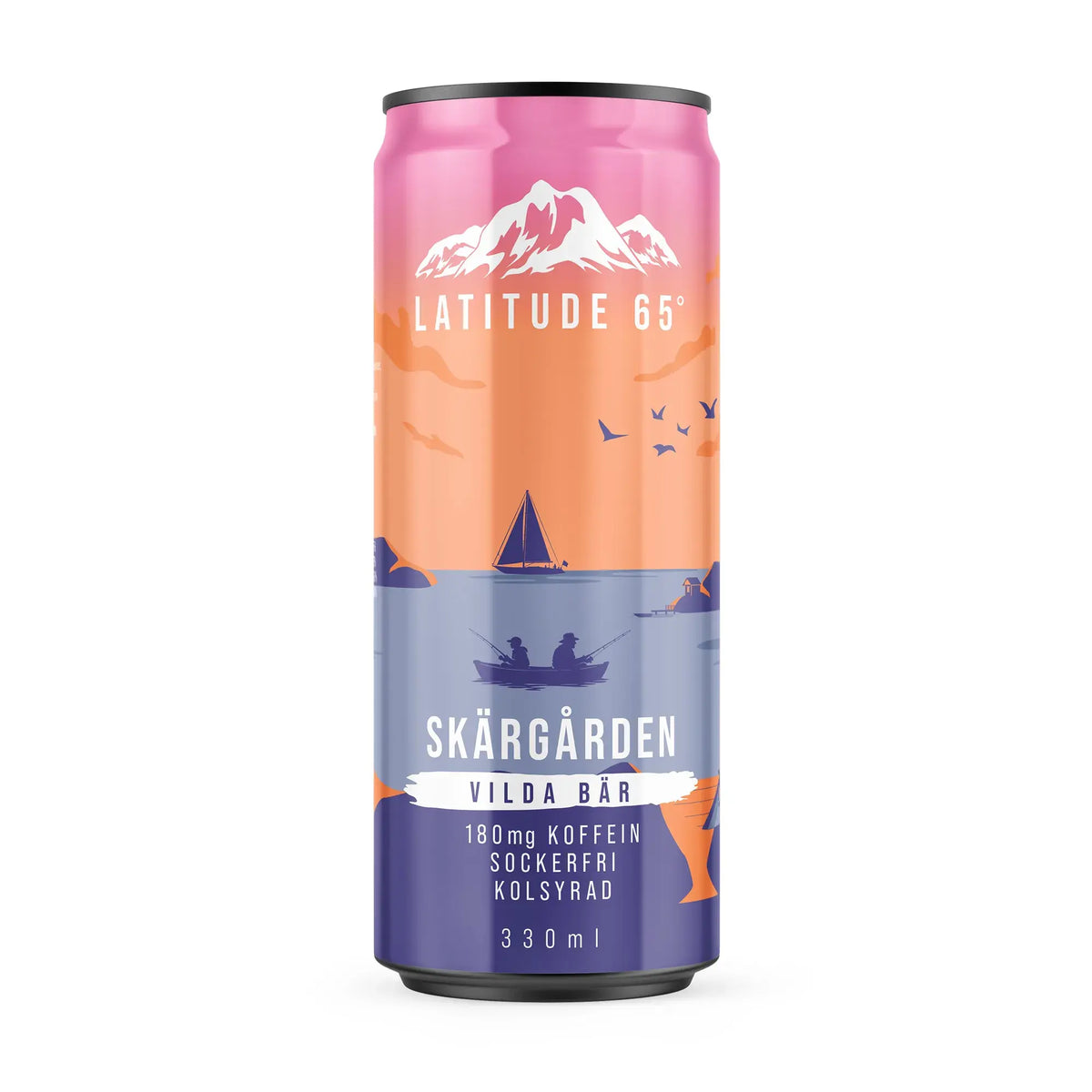Latitude 65 330 ml energidryck i en lila, orange och rosa burk med skärgårdsmotiv för smaken Vilda Bär., bild 12 av 21