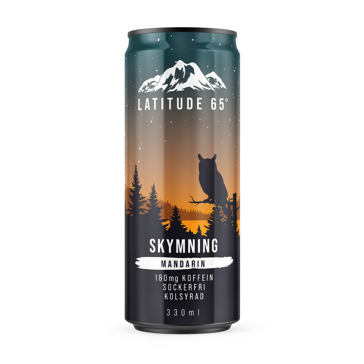 Latitude 65 330 ml energidryck i en mörk burk med uggla och skymningsmotiv för smaken Skymning Mandarin., bild 16 av 21