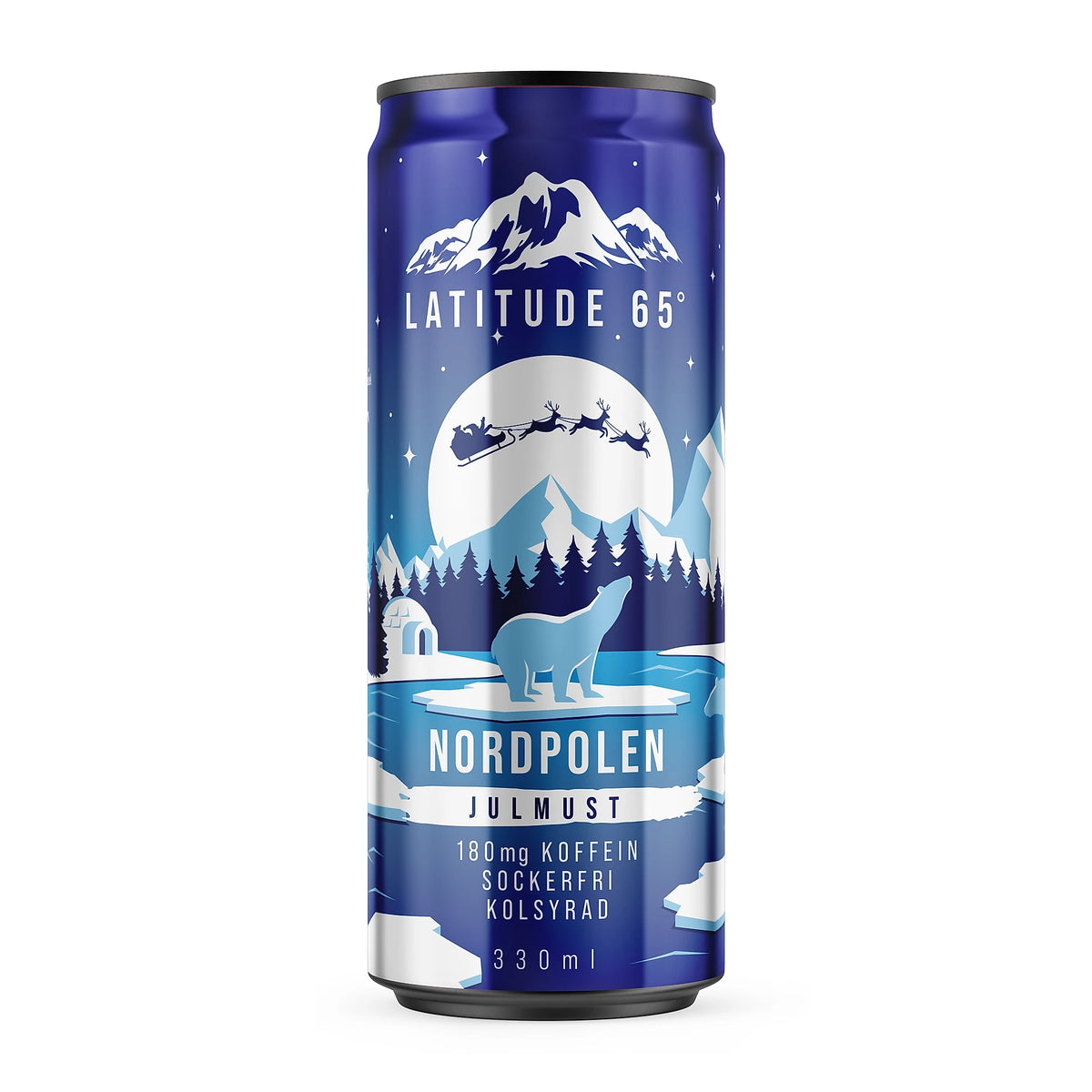 Latitude 65 330 ml kolsyrad dryck i en mörkblå burk med vintermotiv för smaken Nordpolen Julmust., bild 21 av 21