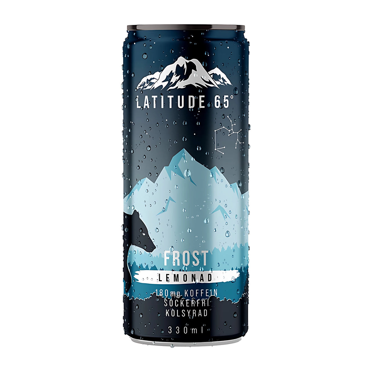 Latitude 65 330 ml kolsyrad energidryck i en mörkblå burk med motiv av snötäckta berg för smaken Frost Lemonad., bild 2 av 21