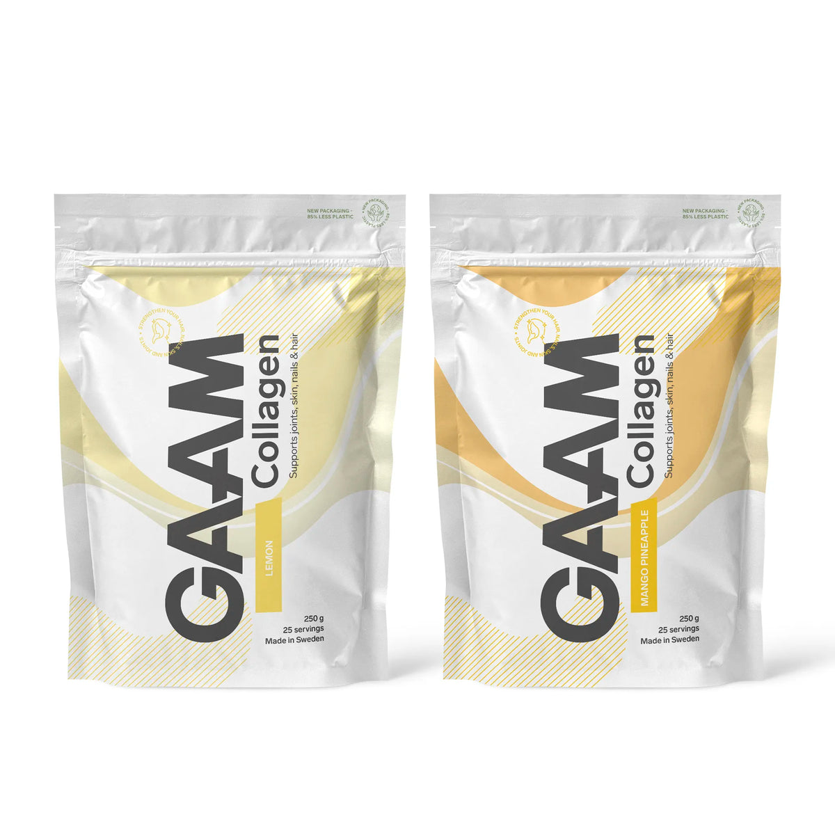 2 x GAAM Collagen 250 g kollagenpulver i två vita påsar med gula och orangea detaljer för smakerna Lemon och Mango Pineapple.