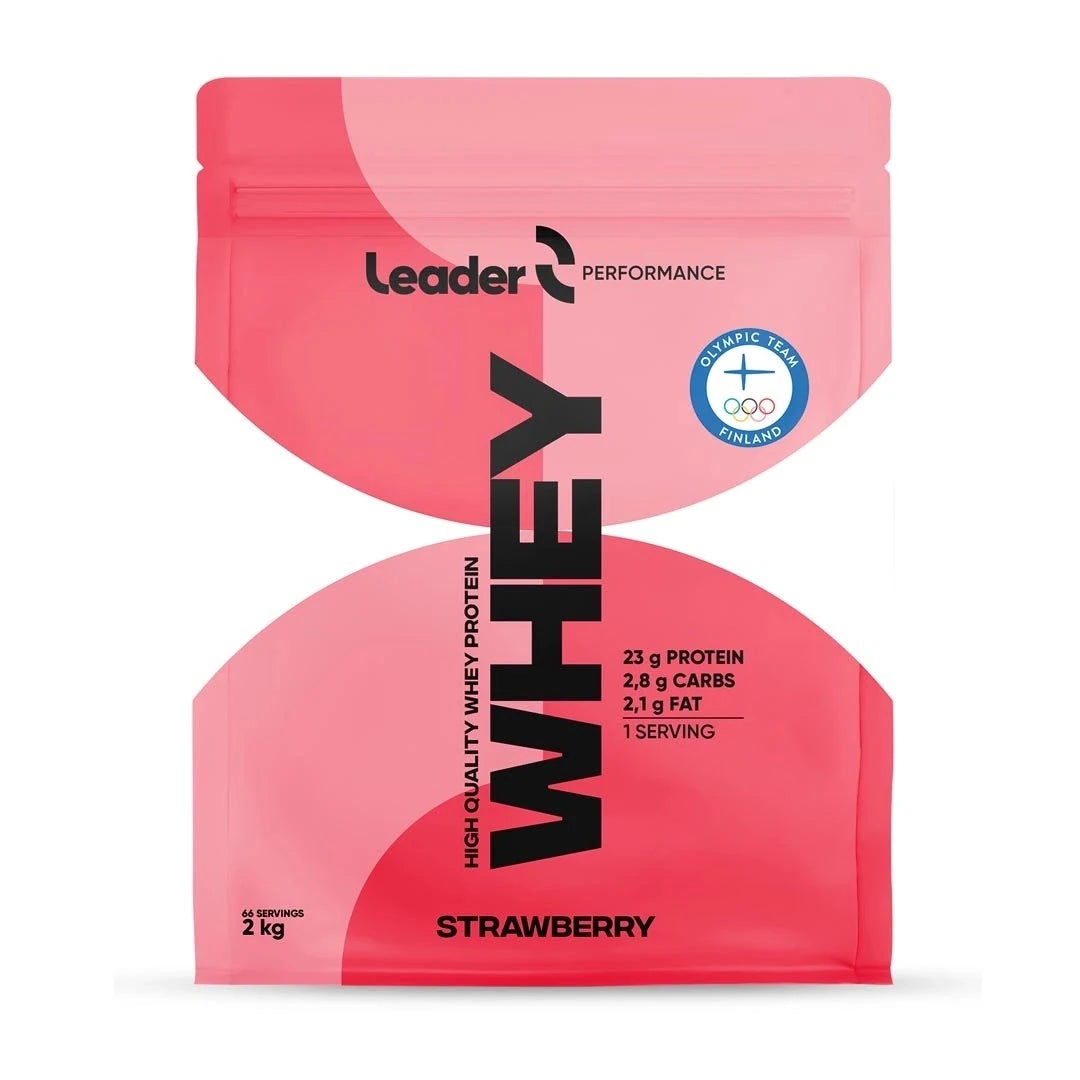 Leader 2 kg proteinpulver i en rosa påse med smaken Strawberry., bild 1 av 1