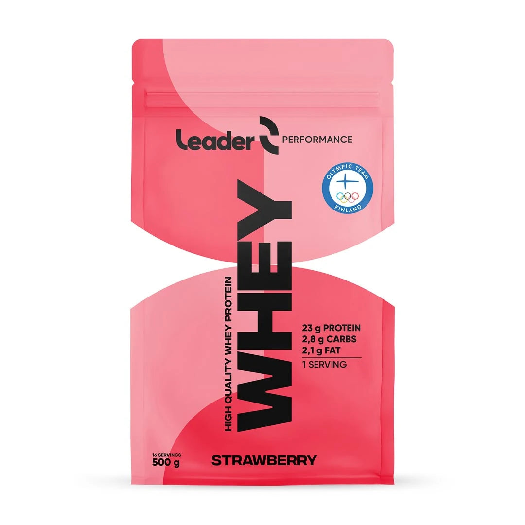 Leader Performance Whey Protein 500 g proteinpulver i en rosa påse med svarta detaljer., bild 1 av 2