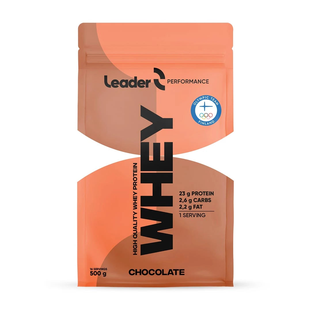 Leader Performance Whey Protein 500 g vassleprotein i en orange påse med chokladsmak., bild 2 av 2