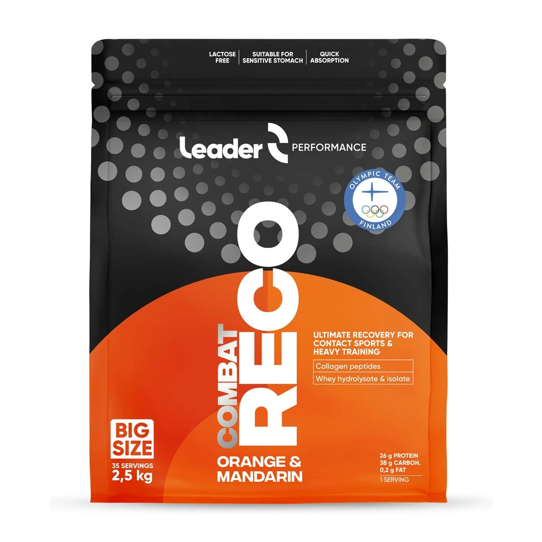 Svart och orange påse med Leader Performance Combat Reco 2.5 kg, återhämtningsdryck i pulverform med smaken Orange &amp; Mandarin., bild 1 av 1