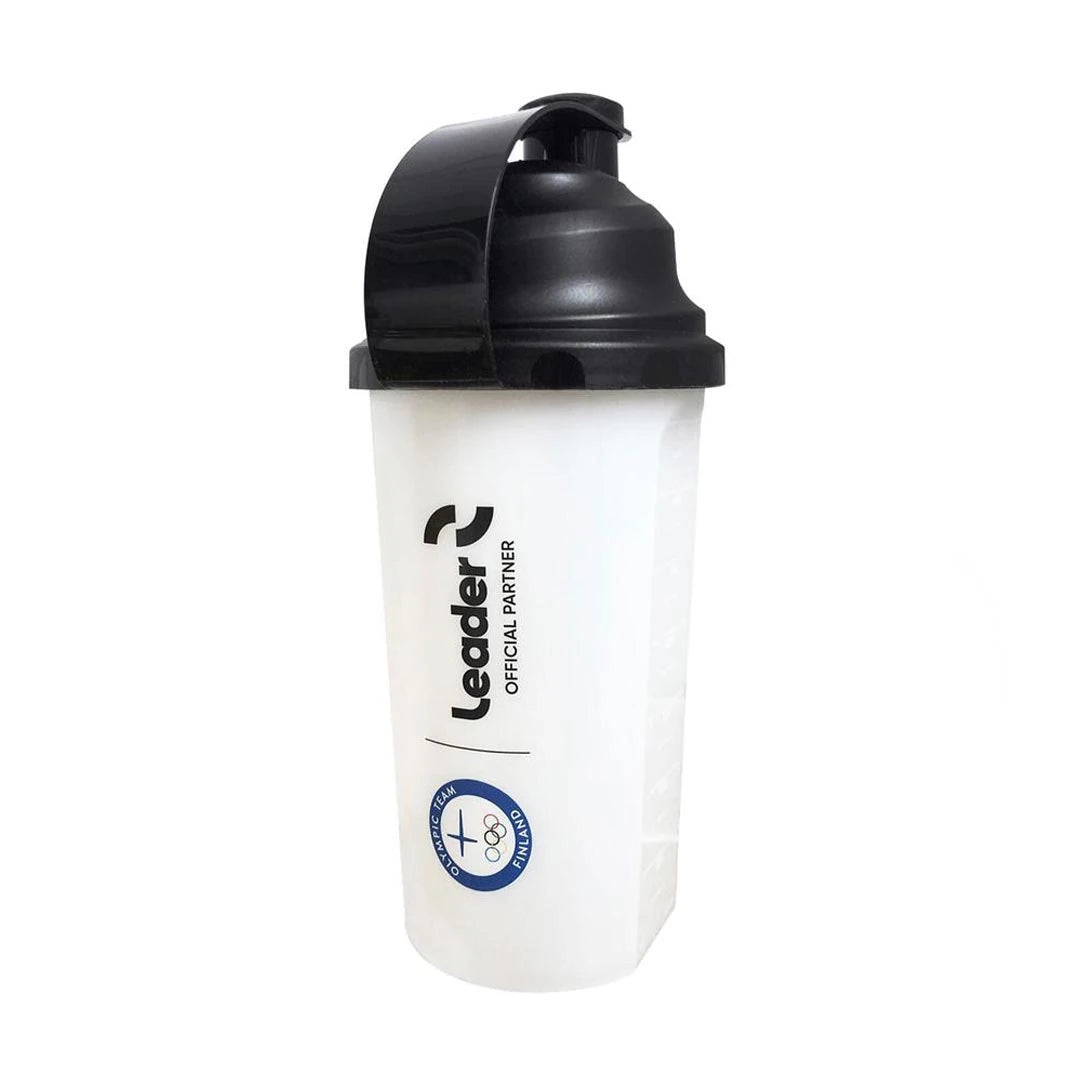 Leader Mixmaster Shaker 750 ml är en genomskinlig och funktionell vattenflaska med svart lock och svarta detaljer., bild 1 av 1
